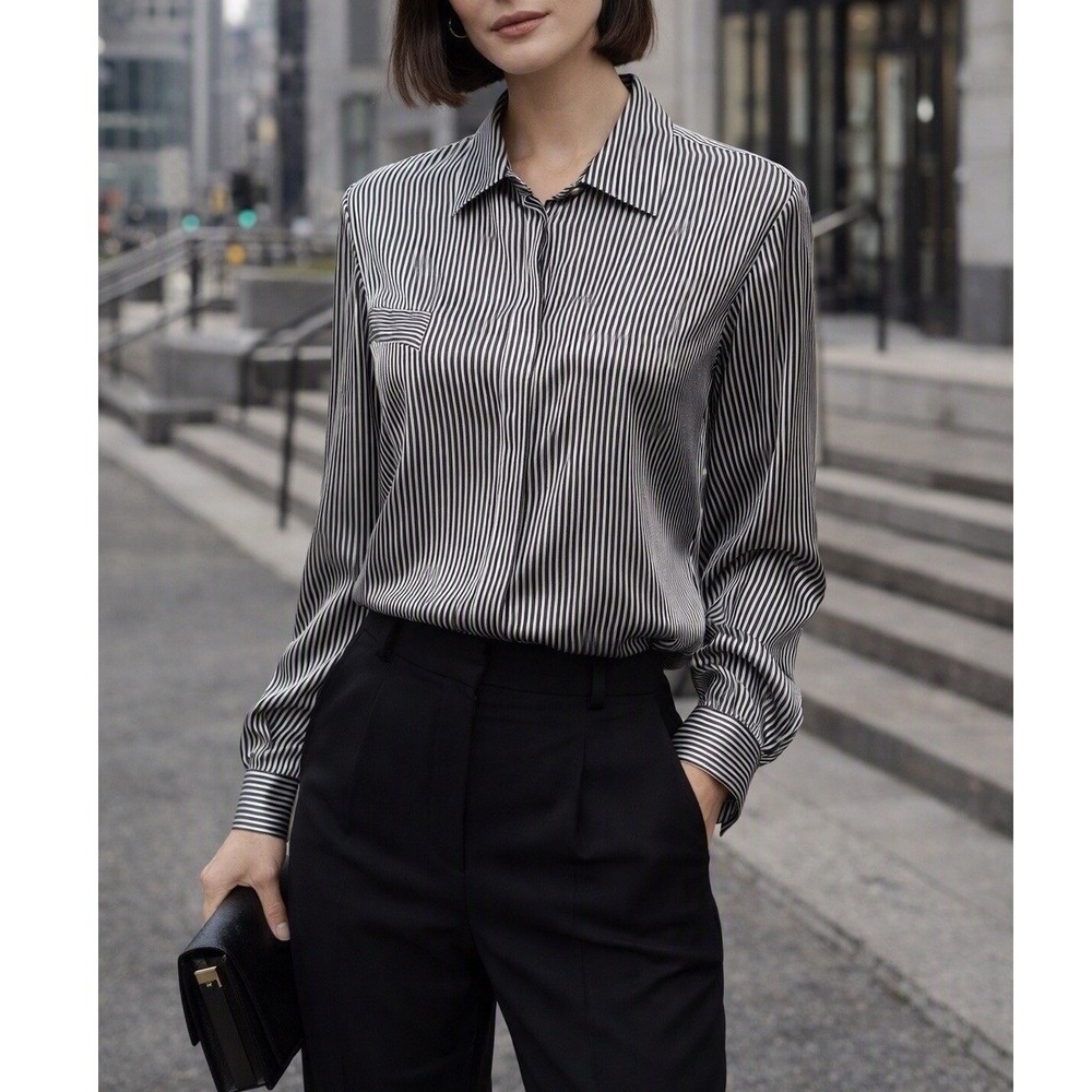 Vintage Women's Striped Blouse Office Monochrome Liquid Silk Meduim
